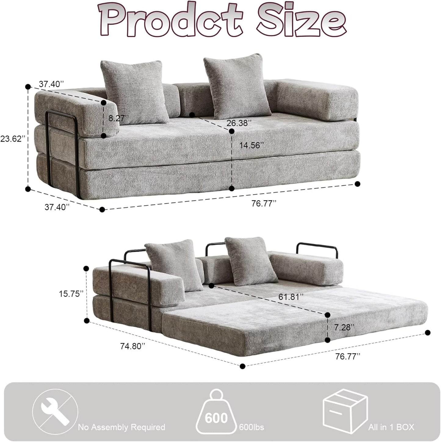 Convertible Sofa Bed, Compression Futon Sofa with Pillows & Armrest, Foldable Mattress Couch with Fixed-Shape Frame, Comfy Couch Lounge Sleeper Bed for Living Room Bedroom, Light Gray