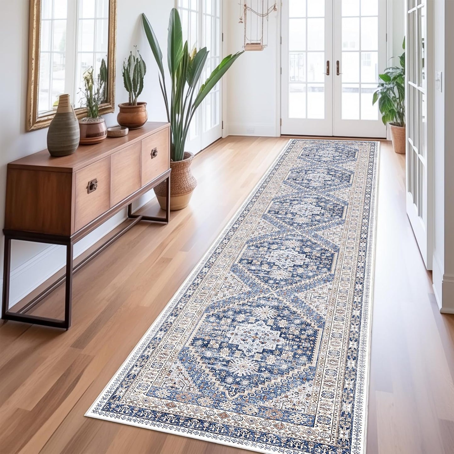 zesthome Washable Runner Rug 2.5x12 - Stain Resistant Entryway Rug,Ultra-Thin Kitchen Rugs, Anti Slip Backing Runner Rugs for Entrance Laundry Room Indoor Hallway (Blue/Beige,2.5'x12')
