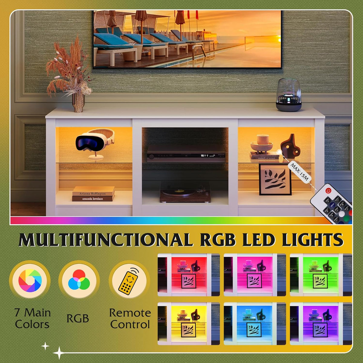 WLIVE LED TV Stand for 65 Inch TV, Modern Entertainment Center with Adjustable Glass Shelves & Customizable LED Lights, Sturdy Media Console for Living Room, Bedroom,Gaming (White)