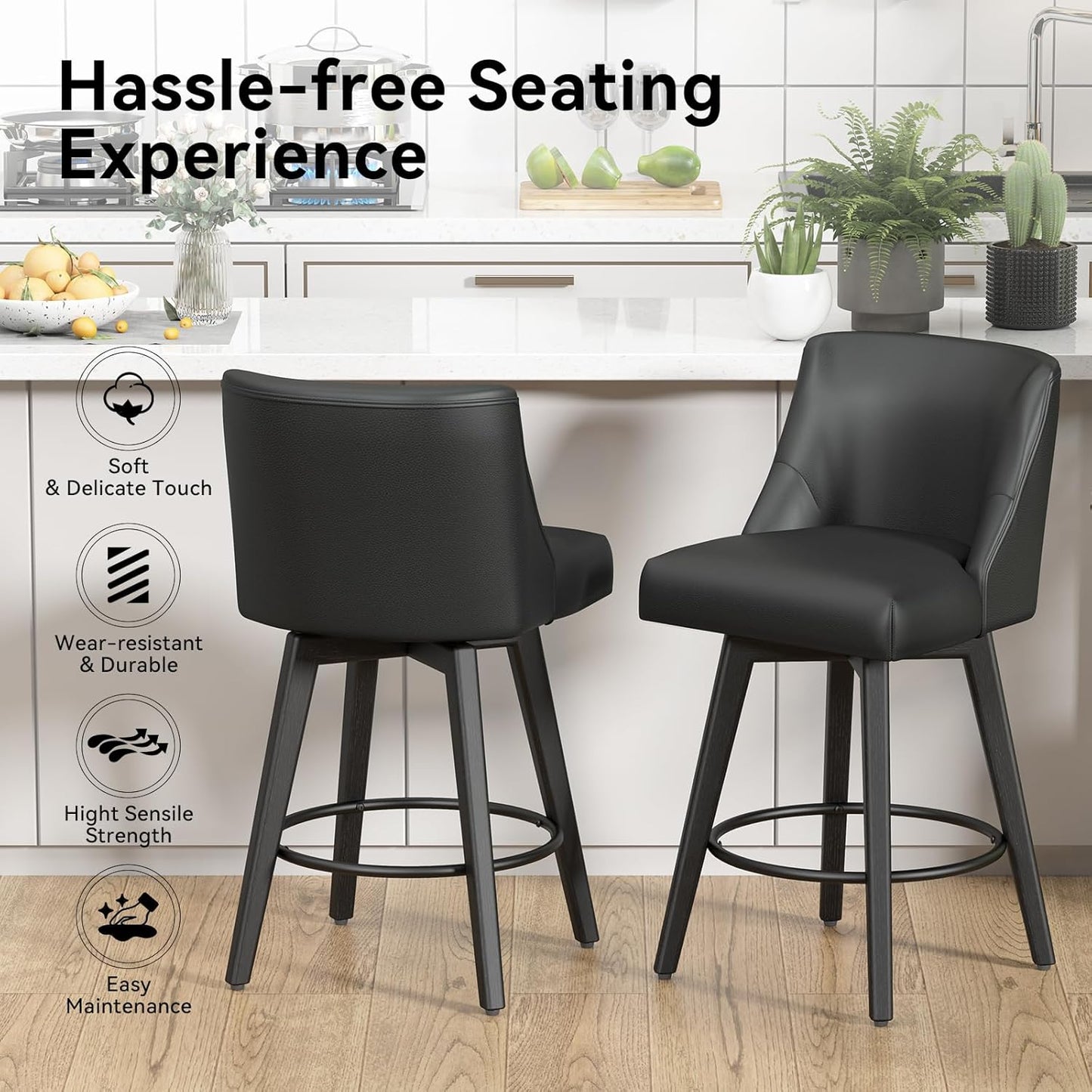 Counter Height Swivel Bar Stools Set of 4, 26 Inch Bar Stools with Footrest, Faux Leather Upholstered Barstools with Back and Solid Wood Legs for Kitchen Island, Dining Room,Pub,Black