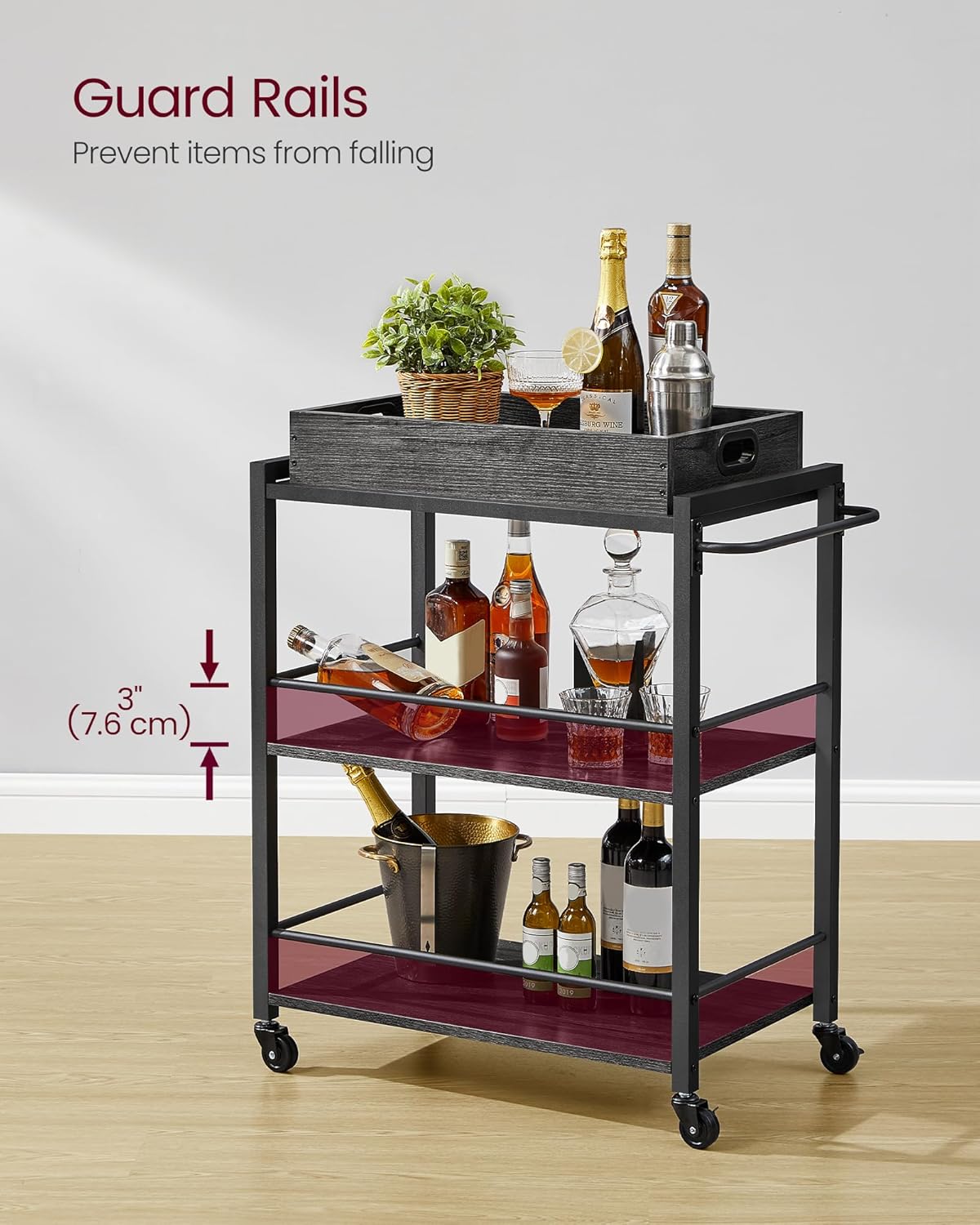 VASAGLE Kitchen Serving Cart with Removable Tray, 3-Tier Kitchen Utility Cart on Wheels with Storage, with Brakes, Leveling Feet, 15.7 x 28.3 x 33.9 Inches, Charcoal Gray and Black ULRC072B04