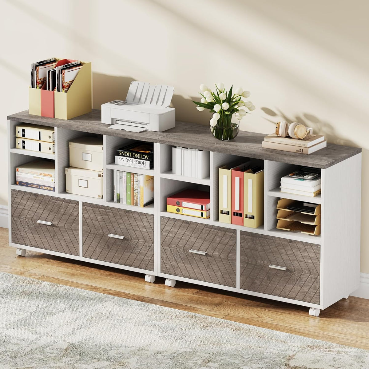 Tribesigns 2-Drawer Wood File Cabinet, Mobile Lateral Filing Cabinet for Hanging Letter Size Files, Printer Stand with Open Storage Shelves for Home Office (Grey & White)