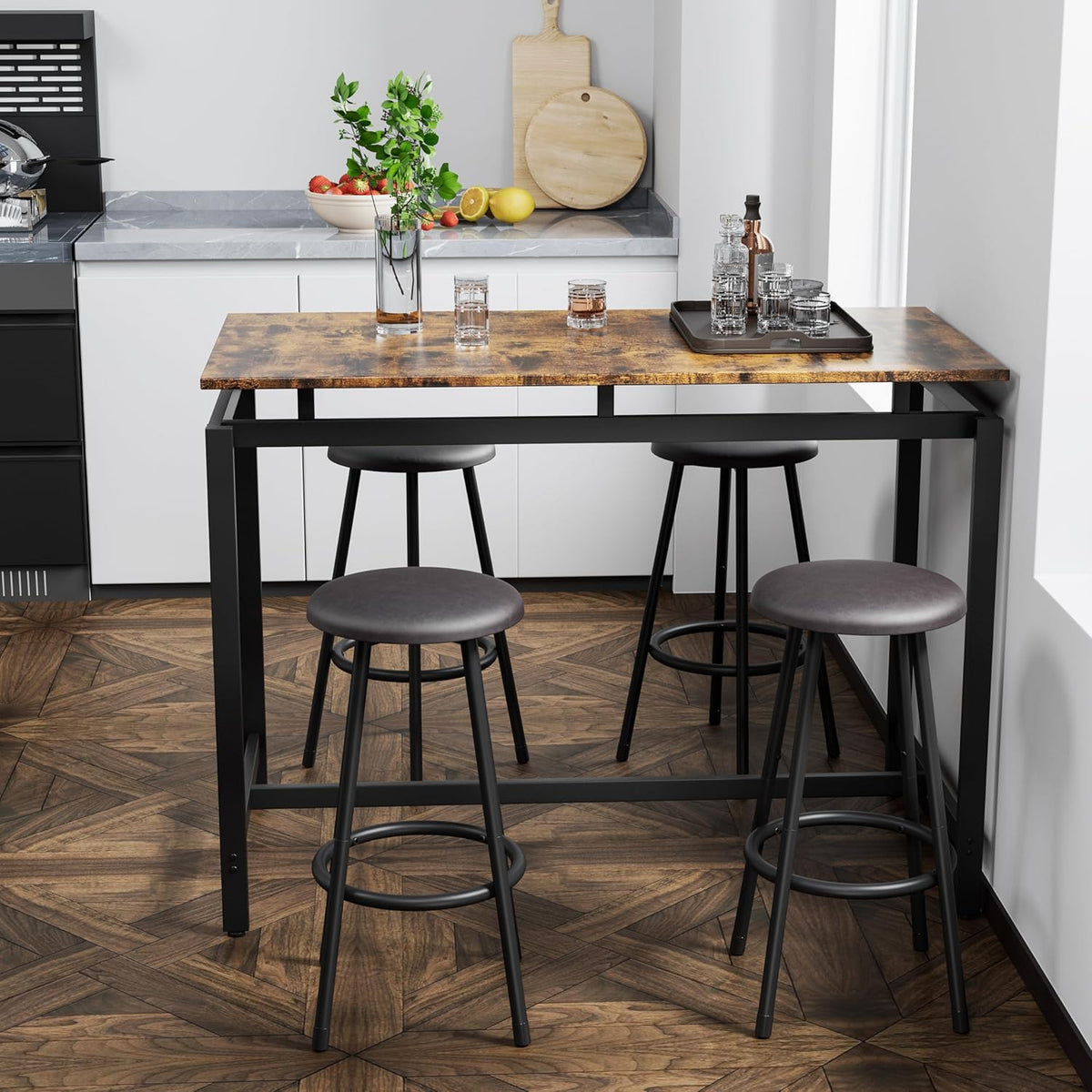 5-Piece Bar Table and Chairs Set, 47.2'' Pub Table Set with 4 Stools, Counter Height Table and Chairs Set of 4 for Breakfast Nook Living Room Small Space Restaurant, Black+Brown
