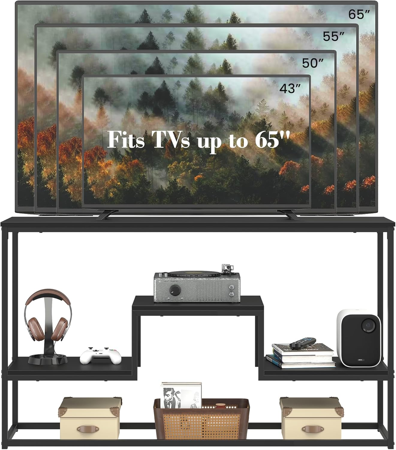 TV Stand for TVs up to 65 Inch, TV Console Table with 3-Tier Open Storage Shelves, Modern Industrial Entertainment Center for Living Room, Bedroom, Black