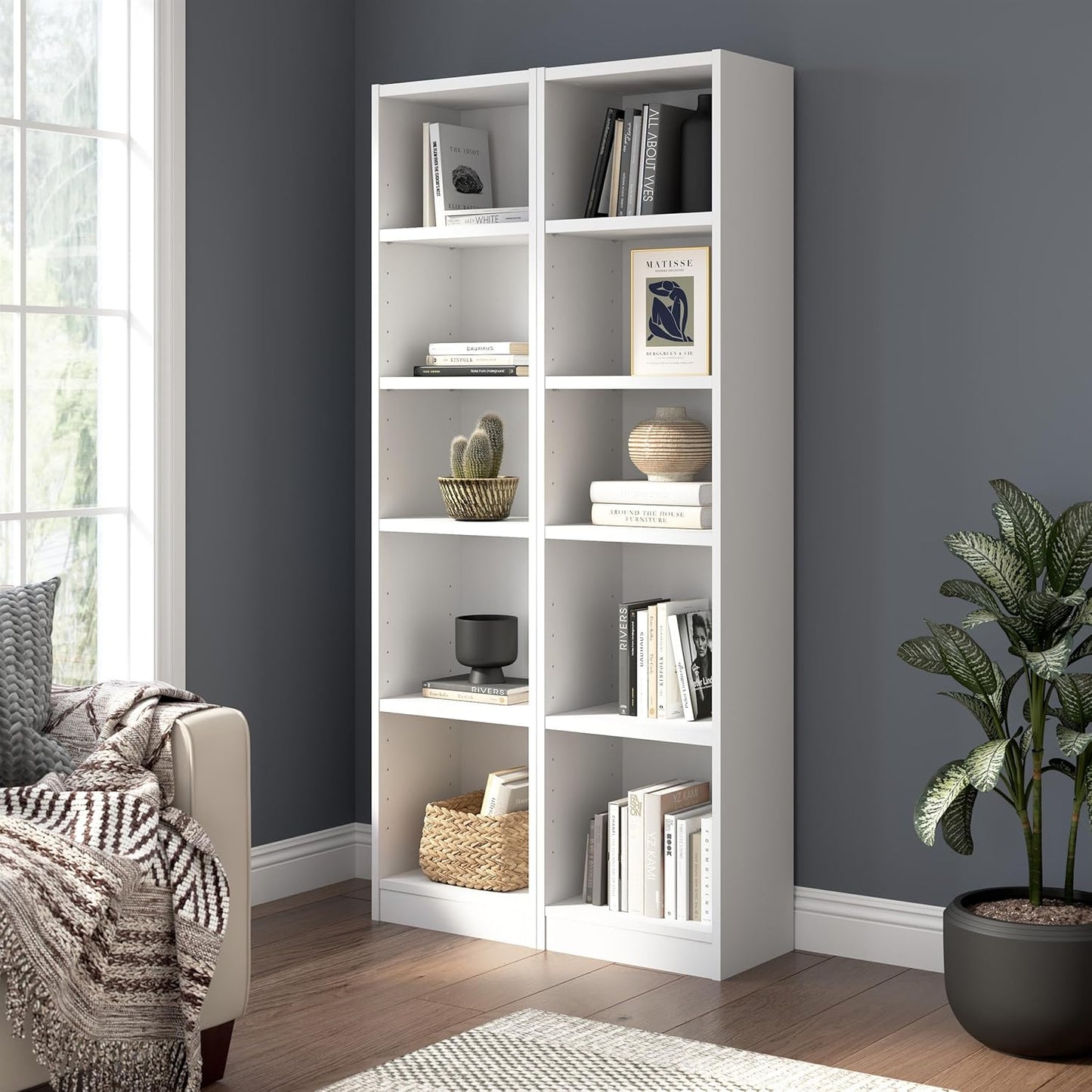 Bush Furniture Universal 17W Narrow 5 Shelf Bookcase in White - Set of 2, Matching Skinny Bookshelves for Home Office or Living Room Storage