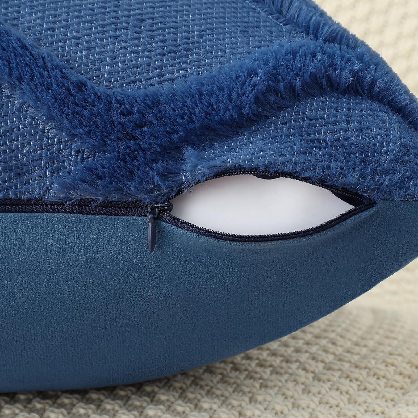 decorUhome Throw Pillow Covers 18x18 Inch Set of 2, Soft Plush Faux Fur Wool Dark Blue Couch Pillow Covers, Decorative Neutral Pillow Cases for Bed Sofa Living Room Home Decor