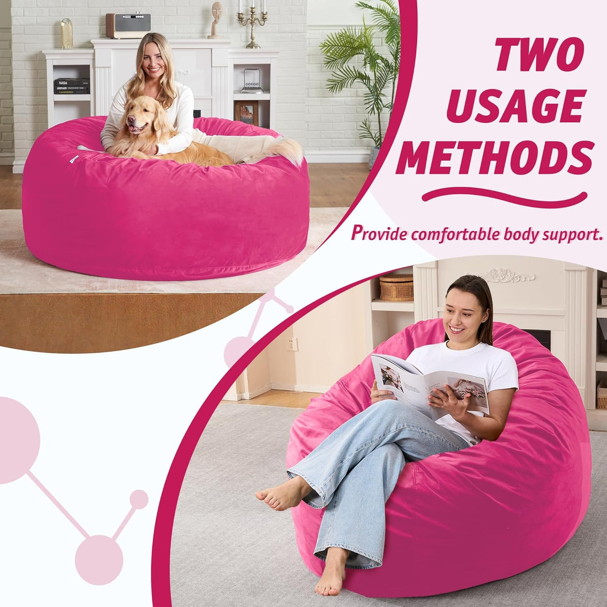 4FT Bean Bag Chair with Ultra Soft Velvet Cover Bean Bag Sofa with Memory Foam Bean Bag Chairs with Large Size Lazy Sofa for Dorm Office Living Room Bedroom Hot Pink 4'