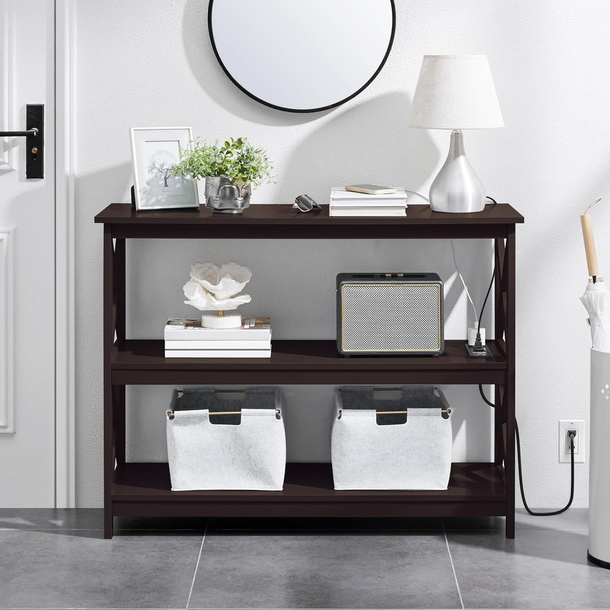 Yaheetech Console Table with Power Outlet, 3 Tier Narrow Sofa Couch Table with Storage Shelves, Wood Entryway Table Side Table for Living Room, Hallway, Entrance, Bedroom, Espresso