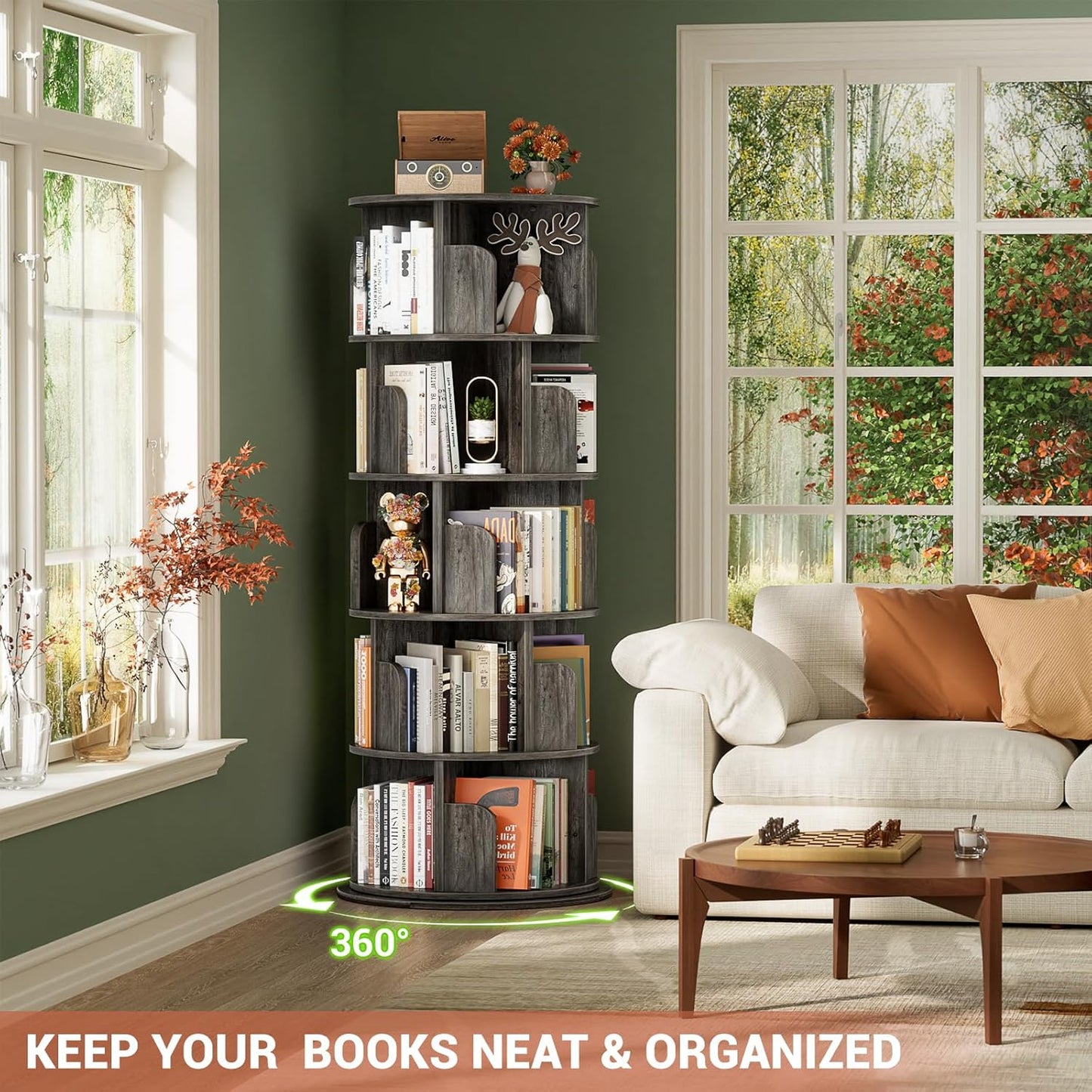 Rotating Bookshelf Tower, 5 Tier Spinning Bookcase, Revolving 360 Book Shelf Narrow Tall Bookcase, Vertical Turning Round Bookshelf Organizer, Wood Corner Book shelf for Small Space, Black Oak