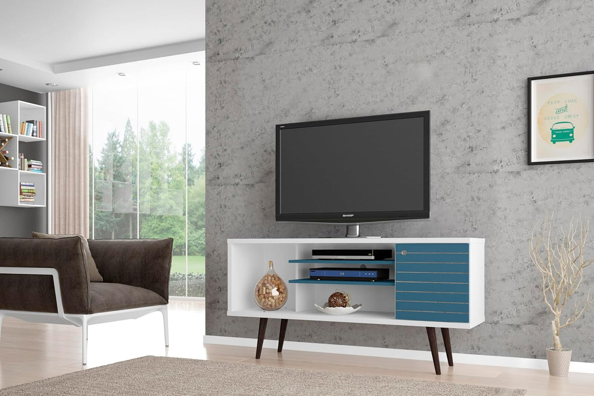 Manhattan Comfort Liberty Mid Century Modern TV Stand for Televisions up to 50 Inches, Bedroom and Living Room Entertainment Center with Storage, Shelves, and Cabinet, 53" Wide, White/Aqua