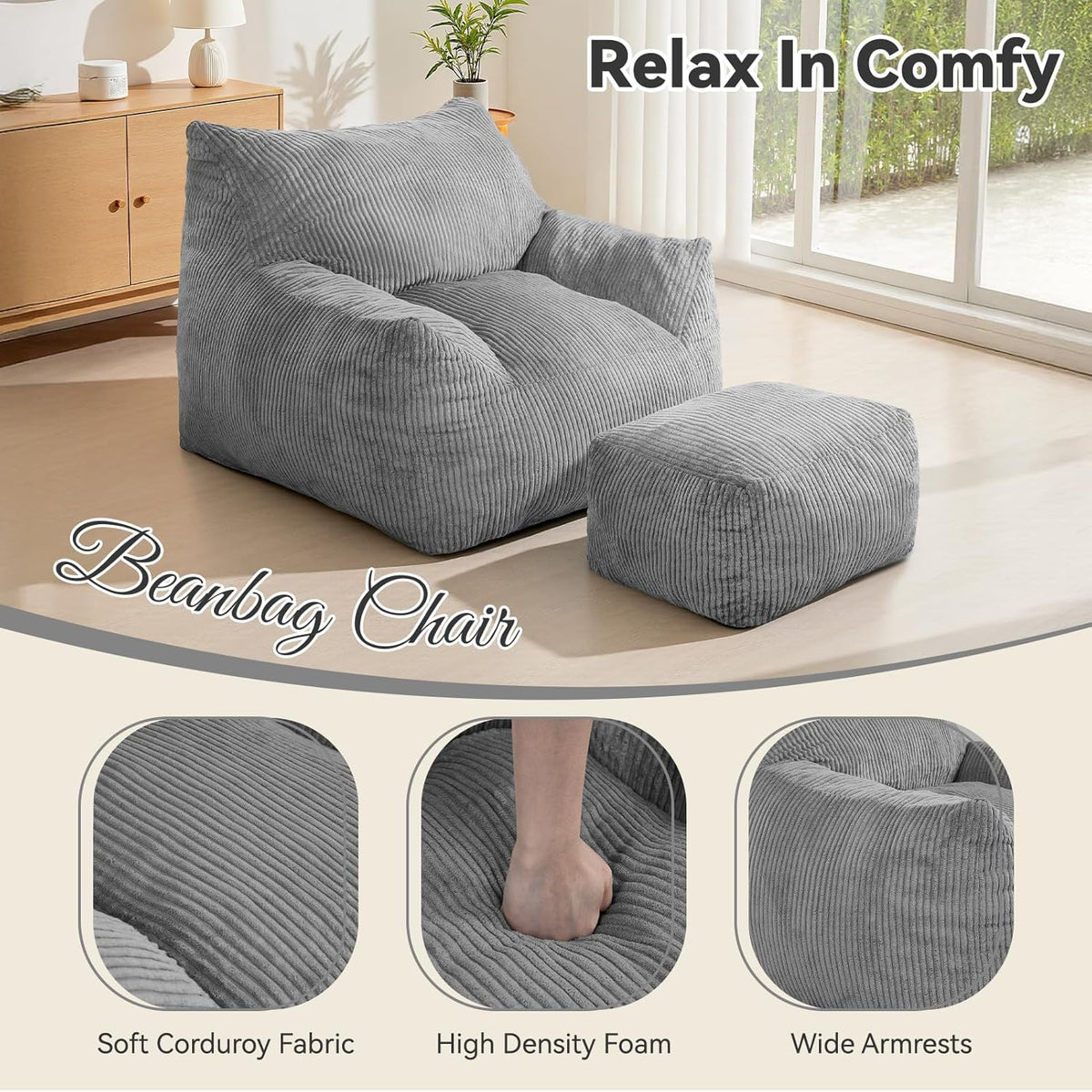 INMOZATA Bean Bag Chair for Adults, 3FT Beanbag Chair with Ottoman Pre-Filled Fluffy Lazy Chair Corded Fabric Accent Chair for Bedroom Living Room Dorm (Gray)