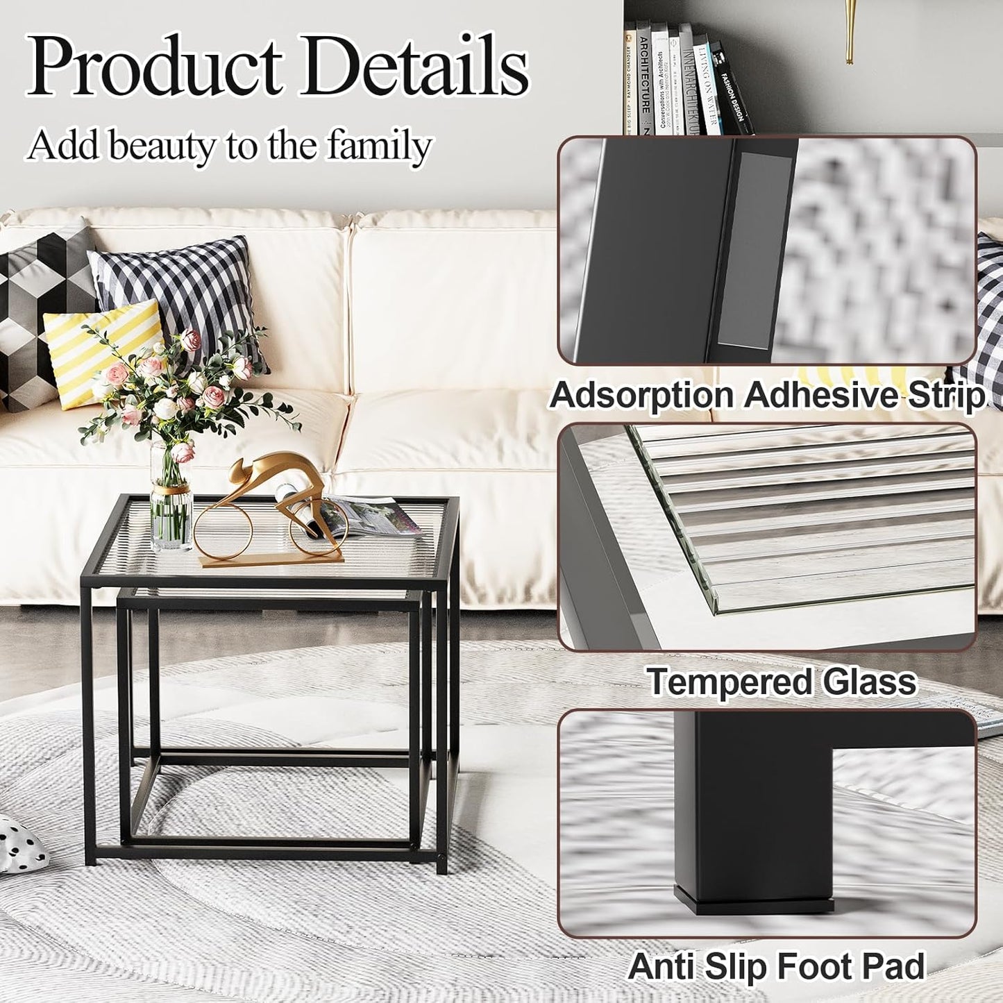 Garden 4 you Coffee Table Set of 2, Modern Patterned Glass Nesting Table, Metal Frame Square Center Table Set, Side Tables, Nesting Coffee Table for Living Room, Bedroom and Small Spaces, 23.6in Black