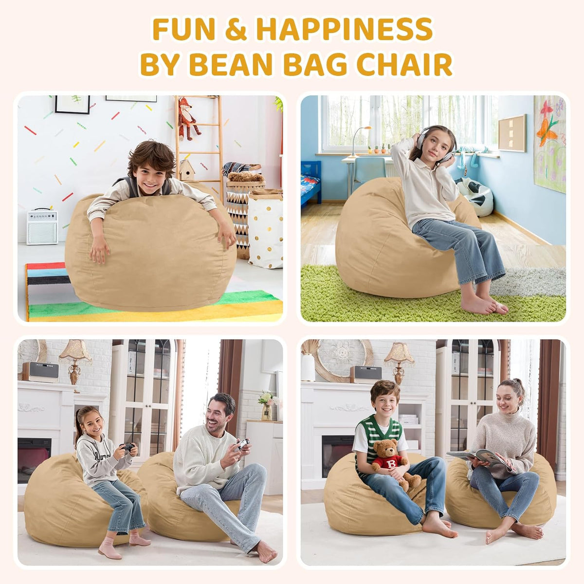 2FT Bean Bag Chair, Comfy Bean Bag Chairs with Memory Foam Filled, Fluffy Beanbag Sofa with Dutch Velvet Cover, Teardrop BeanBag Chairs for Living Room, Playroom - Khaki
