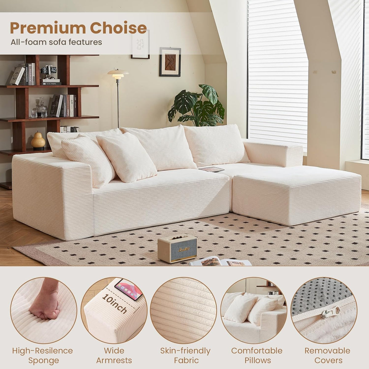 Modular Sectional Sofa, 108" L-Shaped Boneless Couch with Deep Seat, Corduroy Cloud Couch for Living Room, Bedroom, No Assembly Required, Ship in a Box, Beige