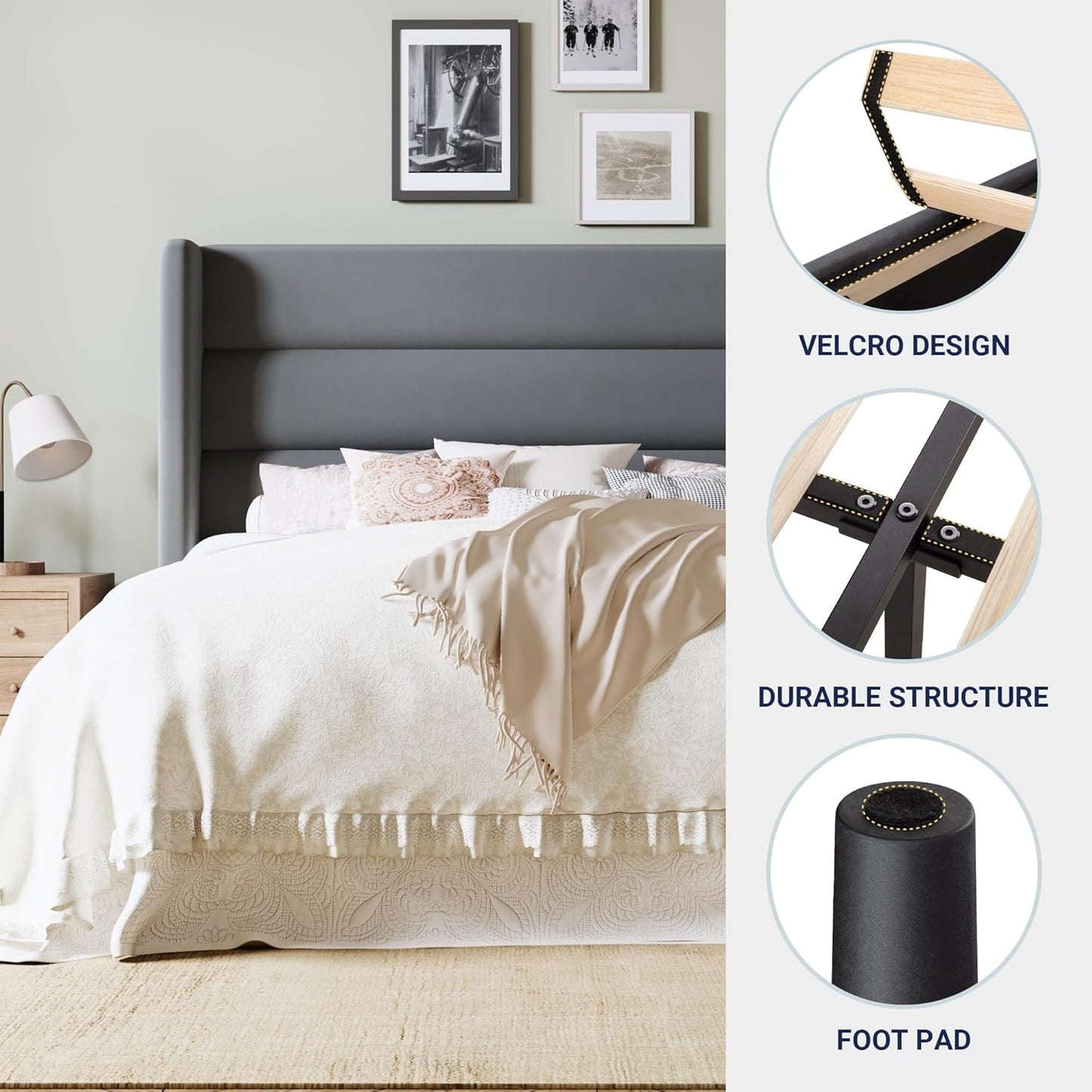 Allewie Queen Size Platform Bed Frame with Velvet Upholstered Wingback Headboard, No Box Spring Needed, Under Bed Storage Space, Strong Wooden Slats, Modern Mattress Foundation, Easy Assembly, Grey