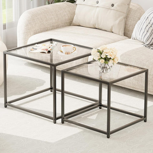 Garden 4 you Coffee Table Set of 2, Modern Glass Nesting Table, Metal Frame Square Center Table Set, Side Tables, Nesting Coffee Table for Living Room, Bedroom and Small Spaces, 23.6in Black