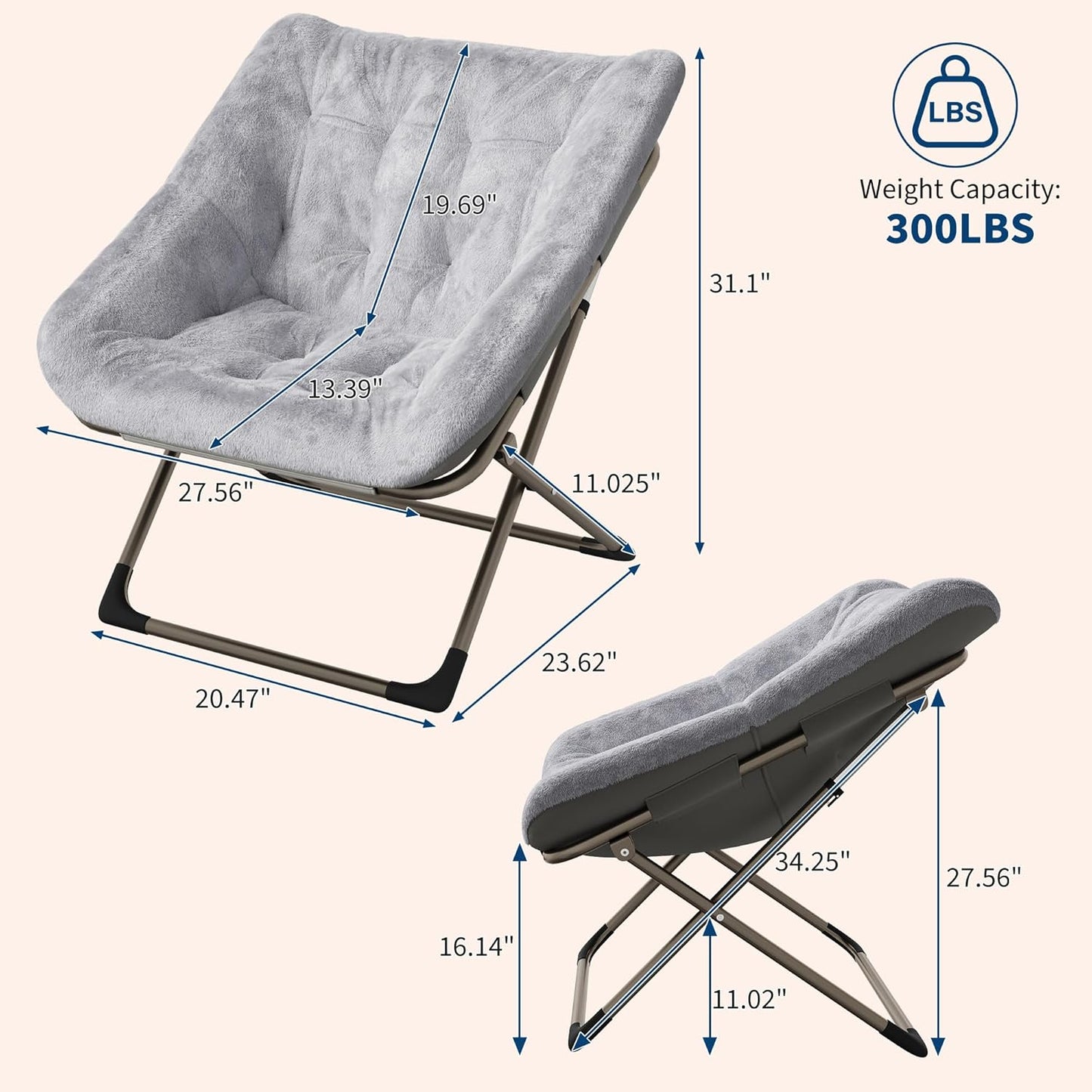 Comfy Chair for Adults, Foldable Living Room Chairs, Soft Faux Fur Folding Lounge for Bedroom Living Room Dorm Rooms, Flexible Reading Chair for Teens (1, Gray, X-Large)