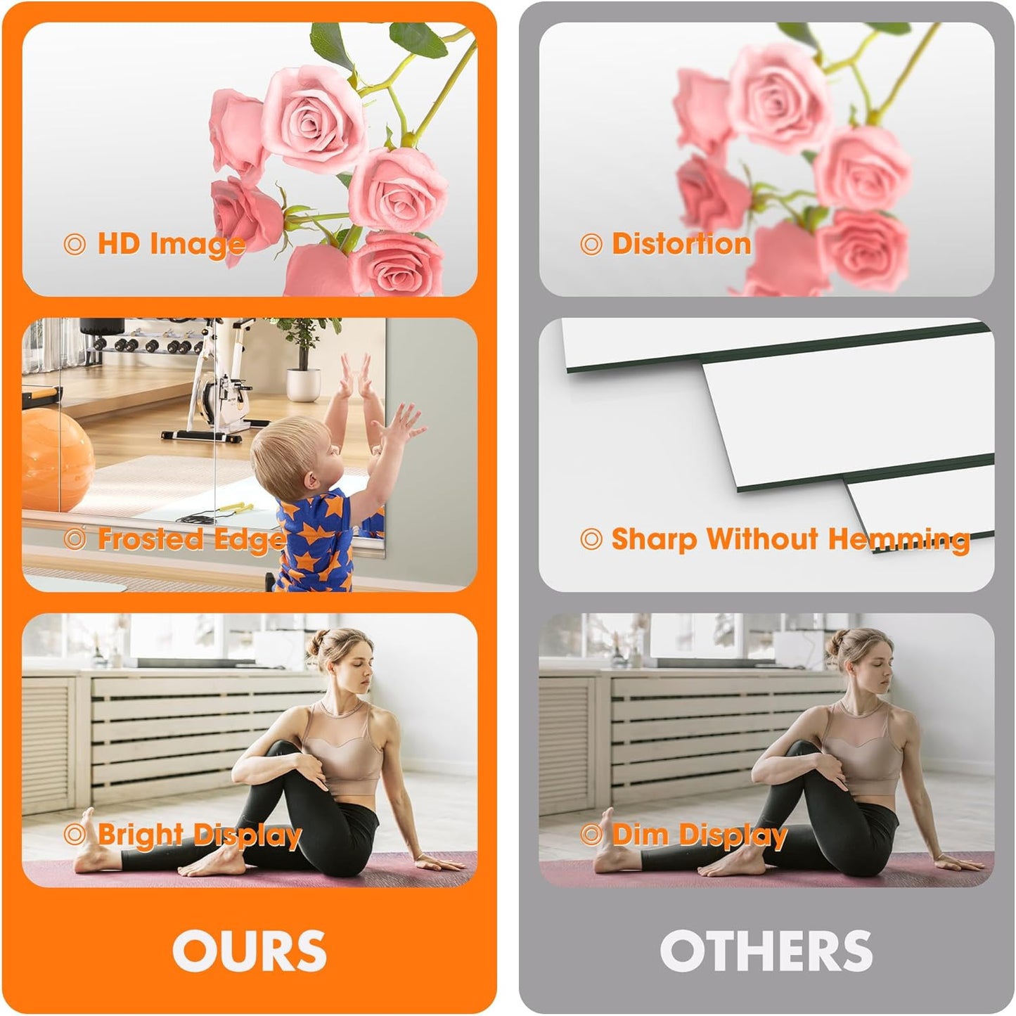 Hasipu Home Gym Mirror 55" L x 21" W - 2PCS Large Full Body Mirror for Yoga, Wall-Mounted Mirrors for Fitness, Garage, Dance Studio, 0.16in Tempered Glass Frameless