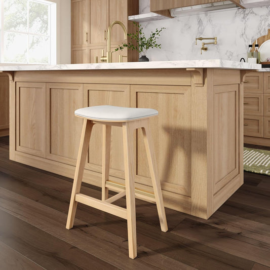 Plank+Beam Beryl Counter Height Stool - Mid-Century Modern Rubberwood Bar Stool with Faux Leather Seat, Metal Footrest, Easy Assembly, Blonde/Sesame