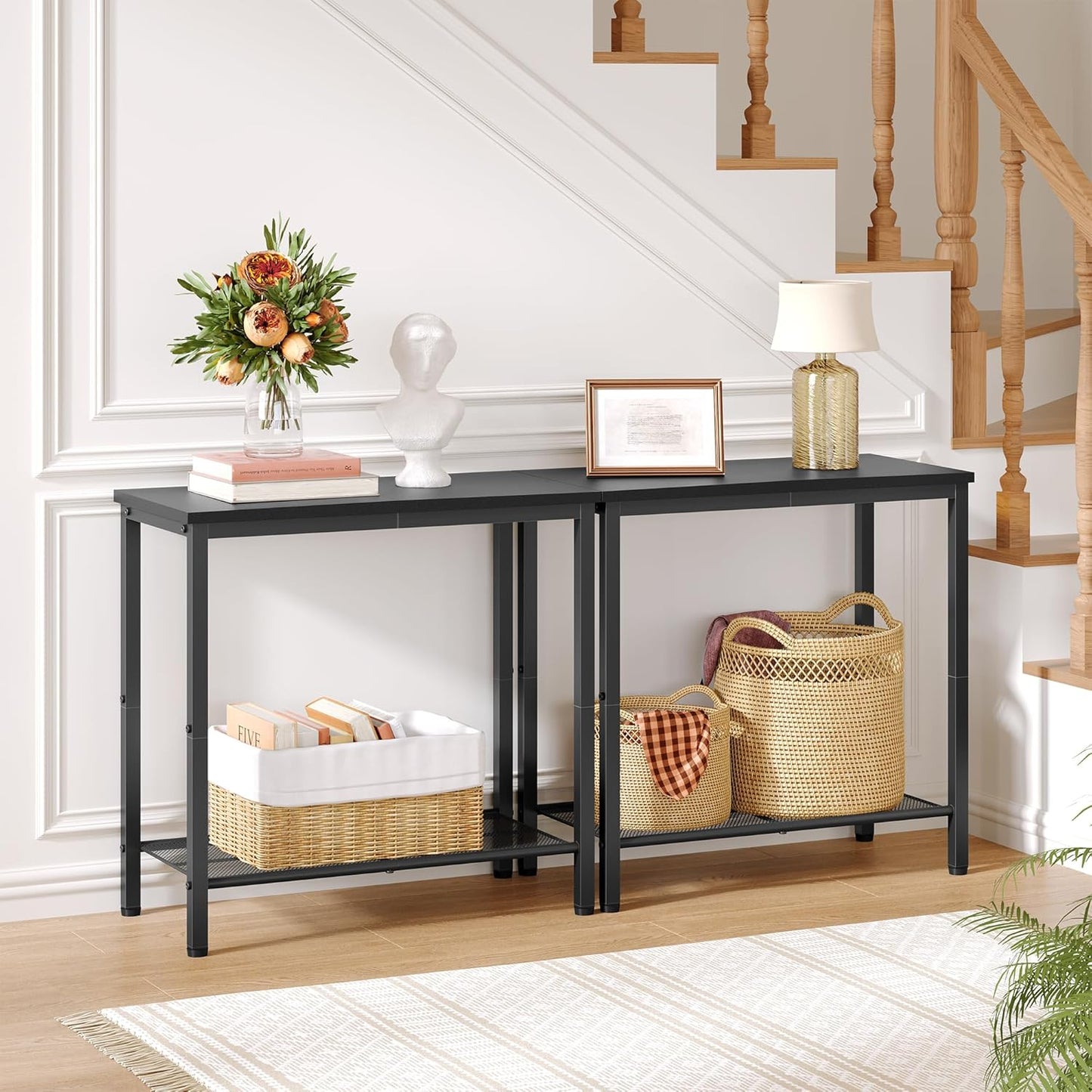 Hoctieon 2 Tier End Table, Sofa Side Table, Narrow Side Shelf with Storage, Slim Nightstand for Small Spaces, Metal Frame, for Living Room, Bedroom, Sofa Couch, Hall, Black, 2 Set