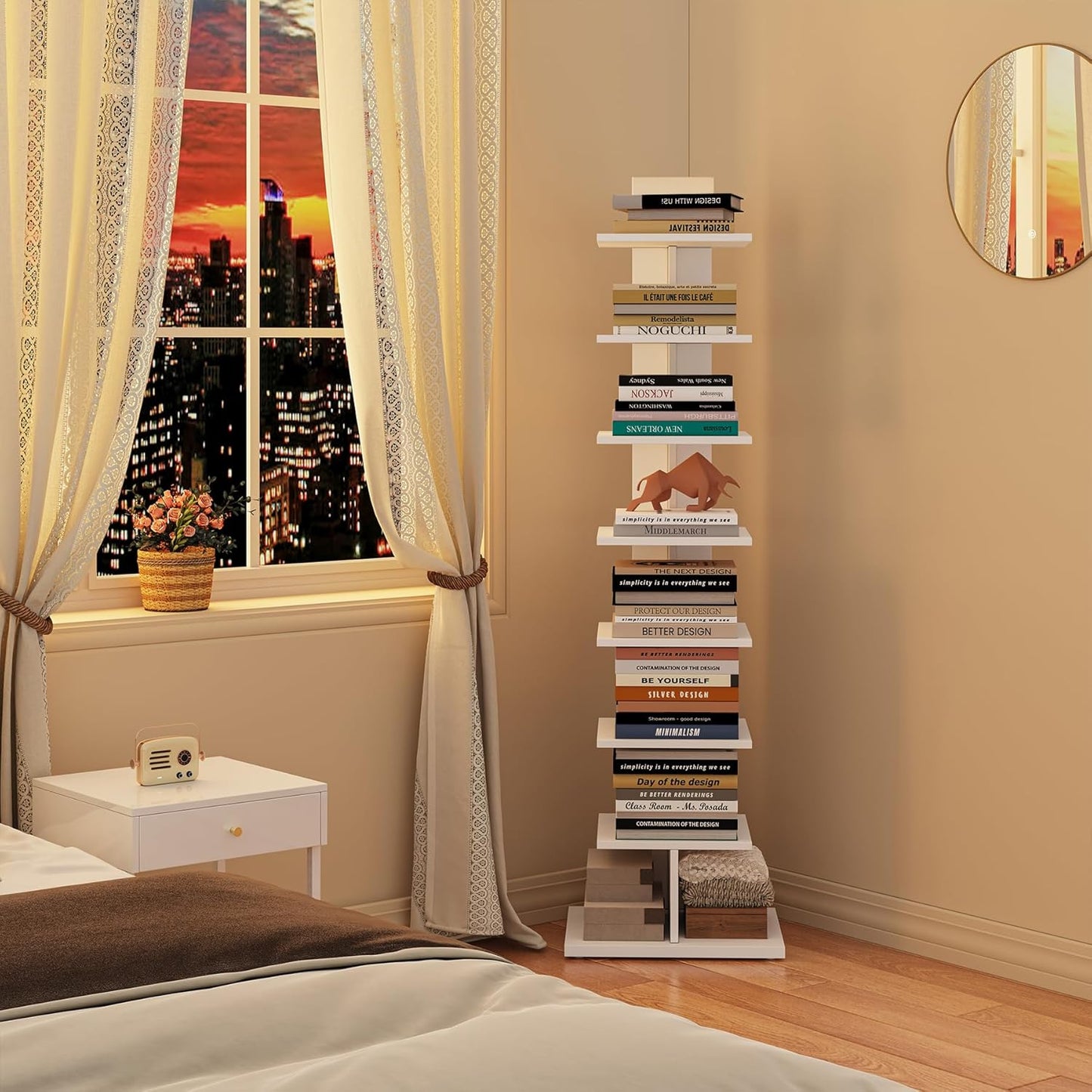 TUTOTAK Narrow Bookshelf, 8-Tier Bookcase, Spine Book Shelf for Small Space, Corner Standing Shelf for Living Room, Office, Study, Entryway, White BS06BW008