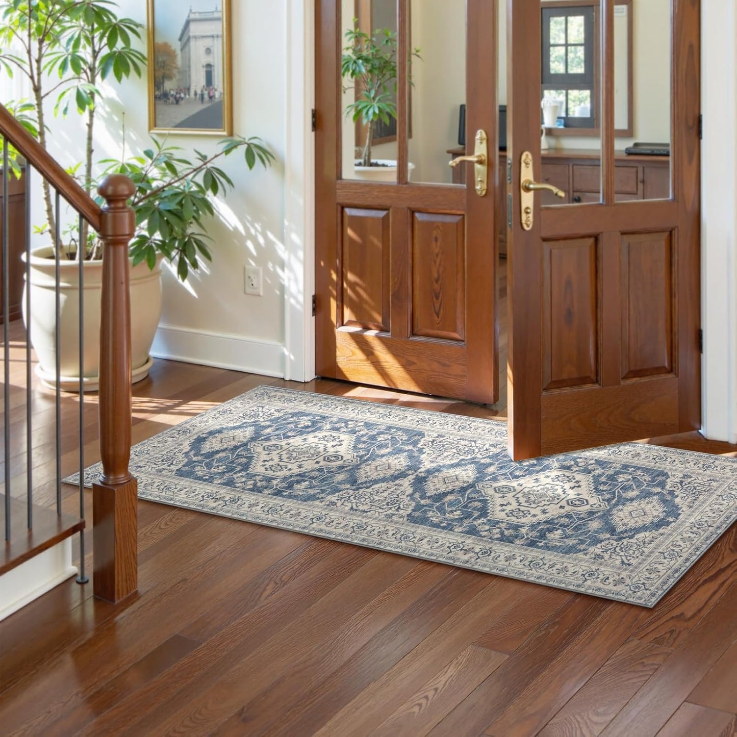 Lahome Oriental Kitchen Runner Rug Non Slip, 2x5 Washable Hallway Runner with Rubber Backing, Vintage Hallway Rug Ultra-Thin Soft Carpet for Bedroom Bathroom, Blue