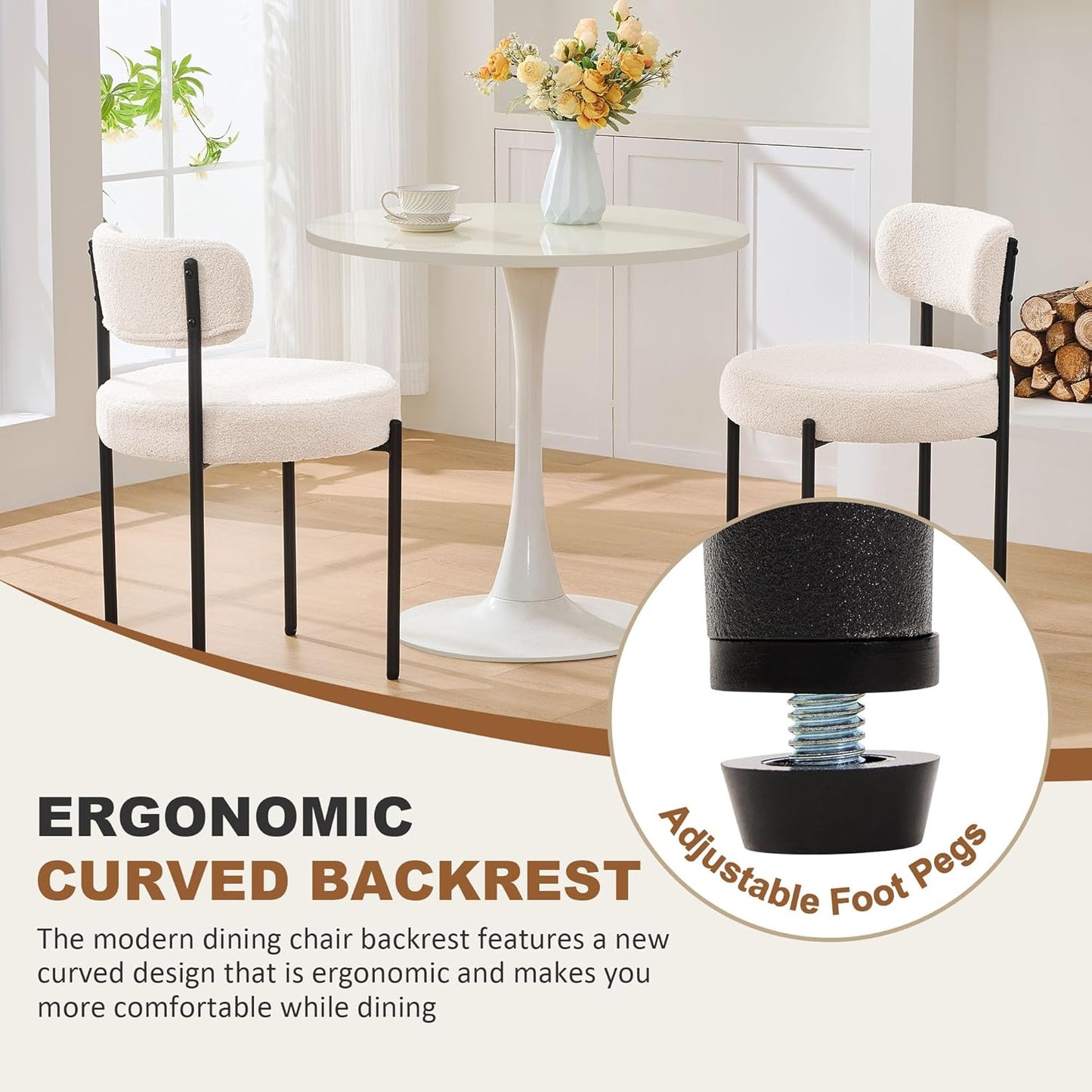 Dining Chairs Set of 4, White Boucle Dining Chair, Curved Backrest Upholstered Dining Room Chairs with Black Metal Legs, Mid Century Modern Dining Chairs for Kitchen, Living Room, White