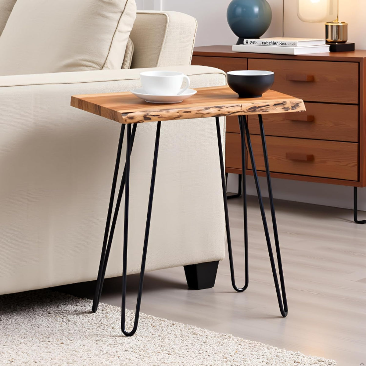 Alaterre Furniture Natural Live Edge End Table - 15” x 20” x 27” Acacia Wood Side Table with Metal Hairpin Legs and Protective Floor Pads - Mid Century Modern Living Room Furniture (Natural)