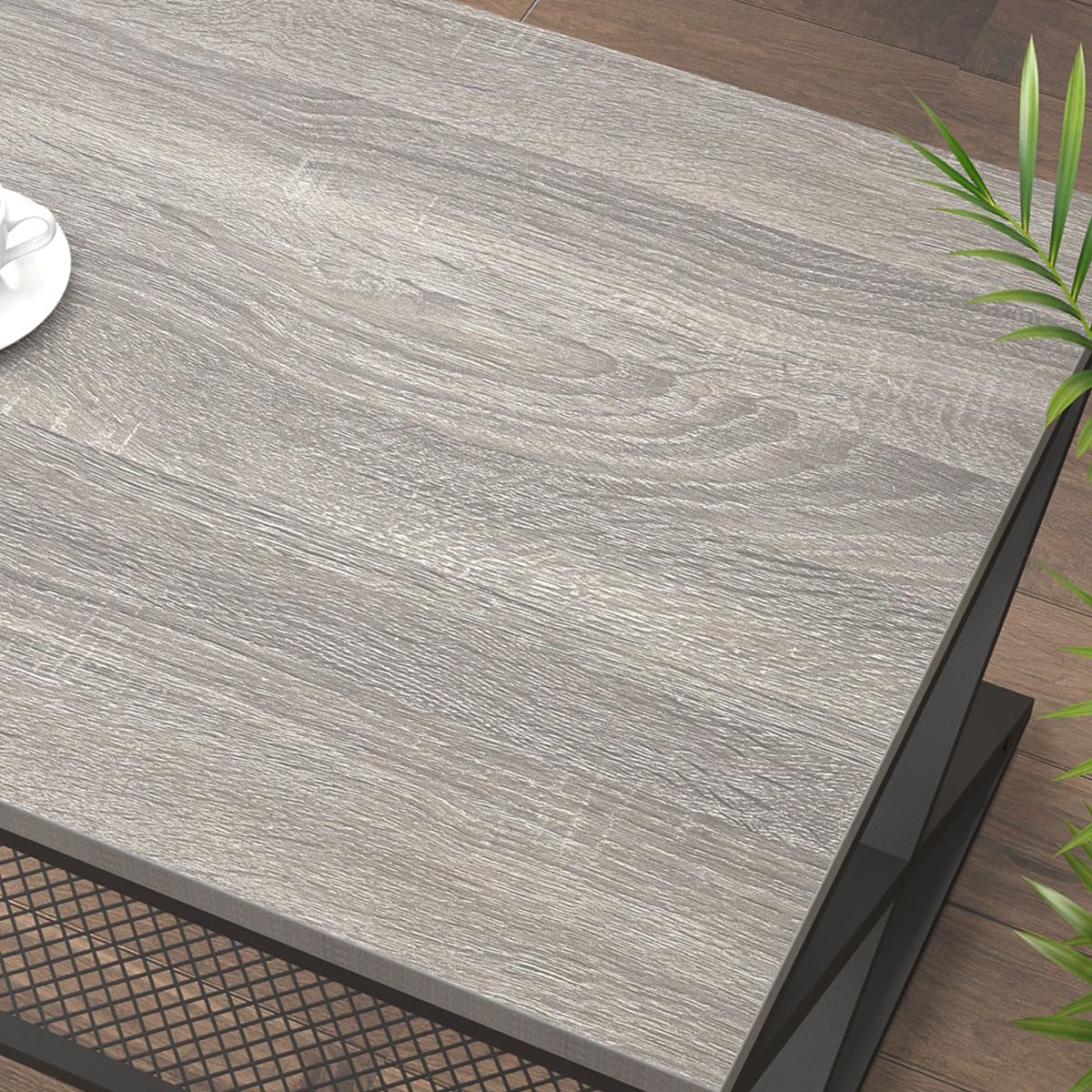 LVB Gray Coffee Table, Farmhouse Wood Metal Center Table with Storage for Living Room, Industrial Wooden 2 Tier Rectangle Cocktail Tea Table with Mesh Shelf for Office Bedroom, 47 inch, Light Grey Oak