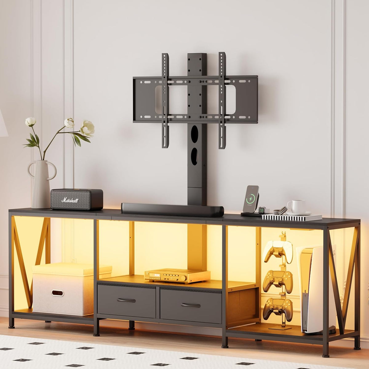 63" W TV Stand with Mount for 50,55,65,75" TV,Entertainment Center with Power Outlet and Led Lights,Height Adjustable TV Console Table with Open Storage Shelves and Fabric Drawers (Black)