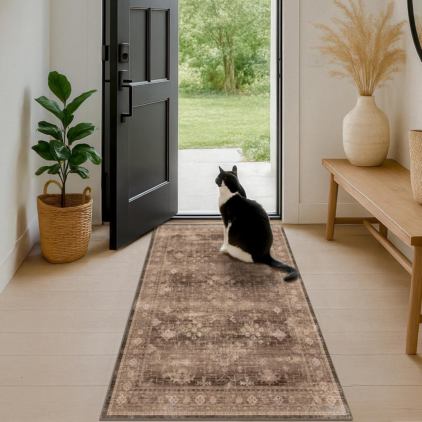 Boho Taupe Brown 3x5 Large Entryway Rug - Modern Vintage Traditional Eclectic Oriental Neutral, Washable Low Pile Non-Slip Area Rugs for Door Mat Indoor Entrance, Kitchen, Laundry