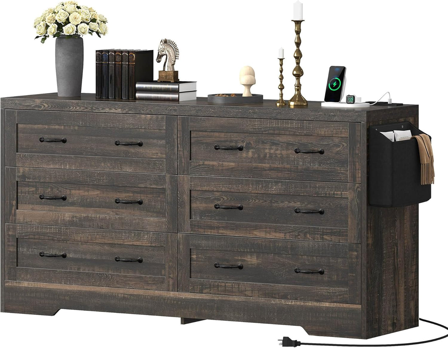 YITAHOME Rustic Oak Drawers TV Stand for 65 inches with Power Outlets -Chest of Drawers Dresser with Side Organizer Bag Entertainment Center TV Console