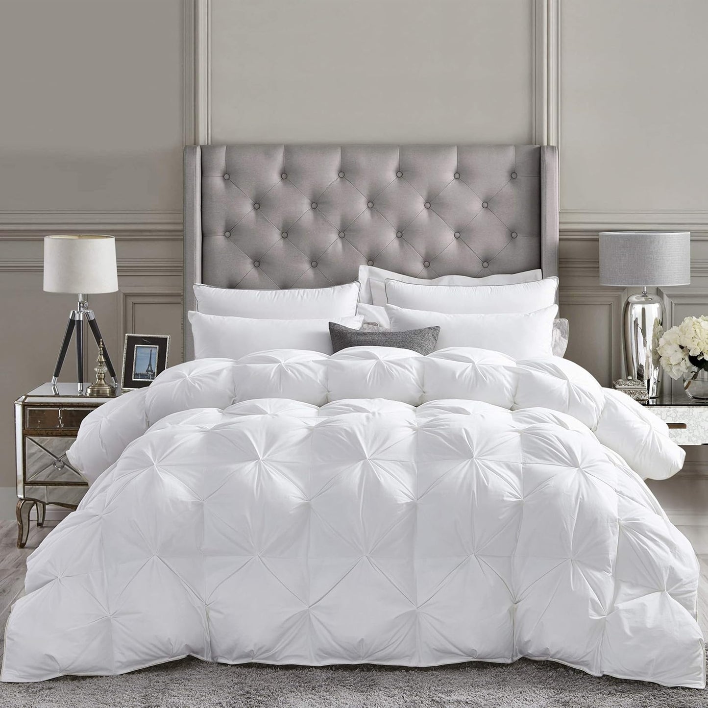 Luxurious All-Season Goose Down Feather Fiber Comforter Super King Size Duvet Insert (120x120), Exquisite Pinch Pleat Design- White, Premium Baffle Box, 100% Egyptian Cotton Cover, 85 oz. Fill Weight