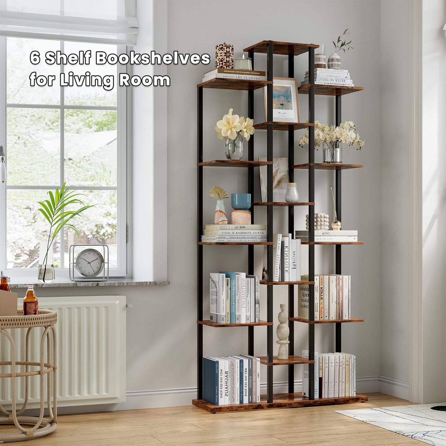 Bookshelf，Small Bookcase for Small Space，6-Tier Bookshelf for Living Room, Home Office, Study，7.87 x 26.77 x 55.5 Inches,Rustic Brown