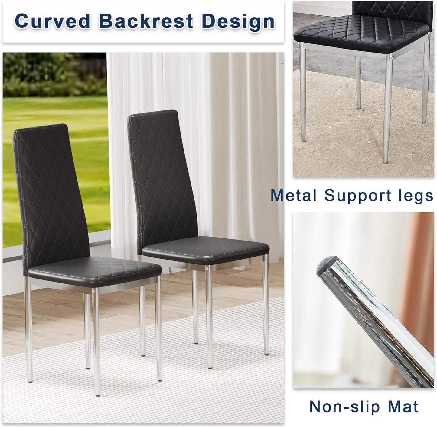 JT Modern Minimalist Dining Chair Fireproof Leather Sprayed Metal Pipe Diamond Grid Pattern Restaurant Home Conference Chair Set of 4 Or 6 (8, Black)