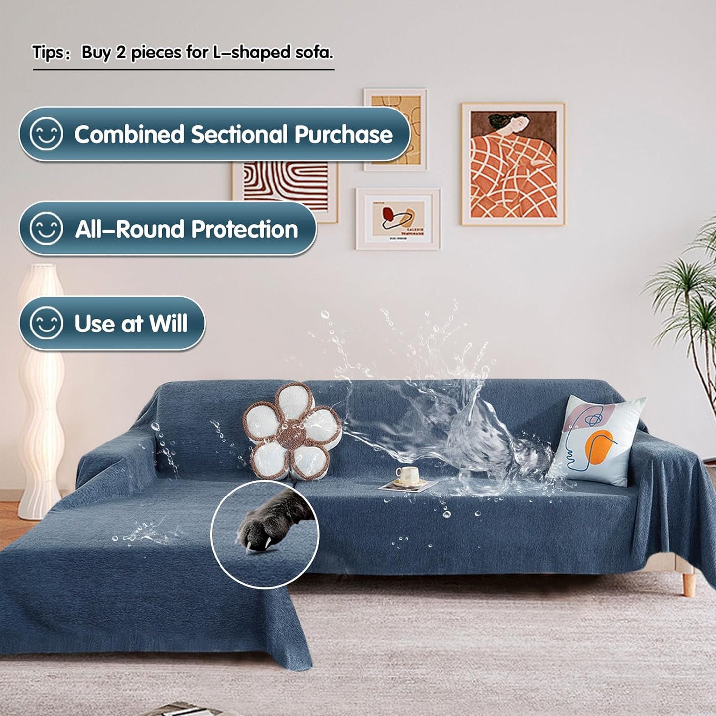 STACYPIK Waterproof Dark Blue Sofa Cover, Washable Couch Cover for 2 Cushion Couch, Anti-Slip Furniture Protector, Pet-Friendly Couch Cover for Pets and Kids, Loveseat Covers, Futon Cover-71X71IN