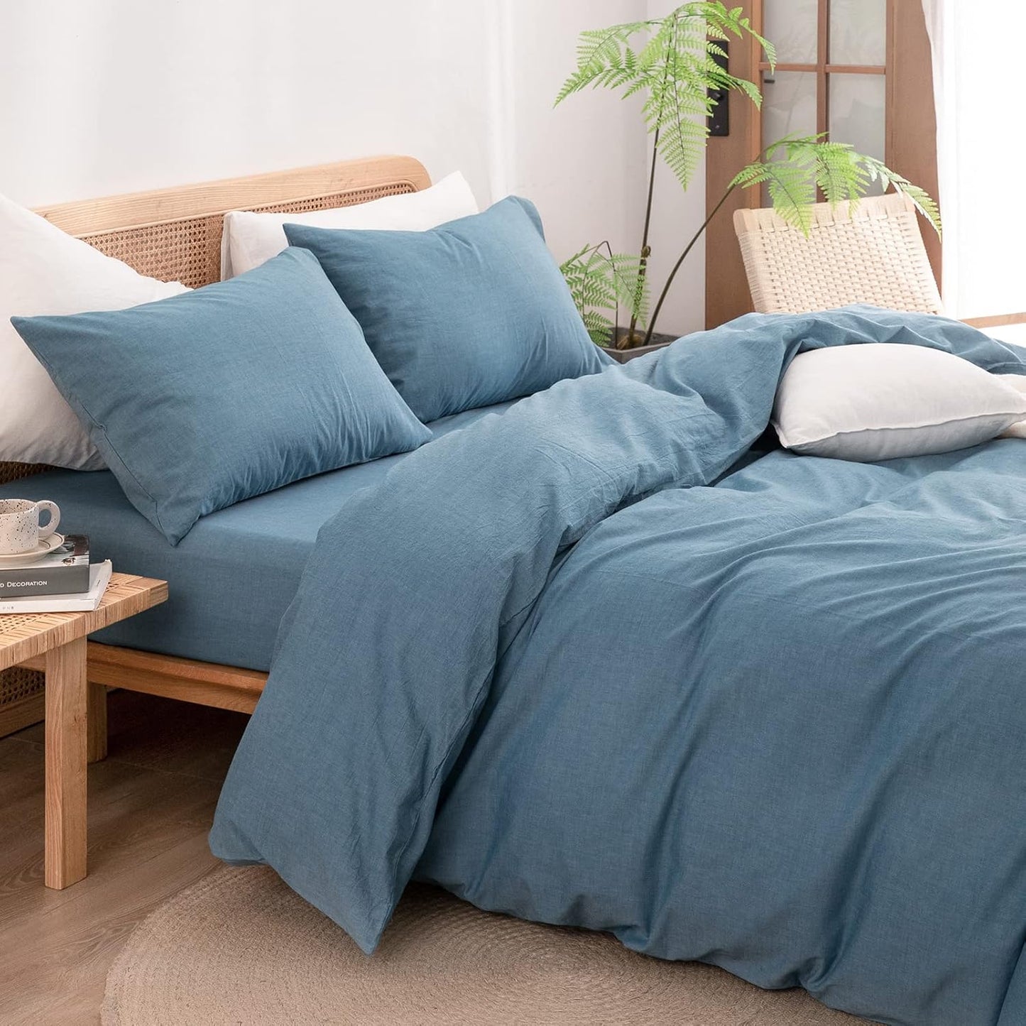 BESTOUCH Duvet Cover Set 100% Washed Cotton Linen Feel Super Soft Comfortable Chic Lightweight 3 PCs Home Bedding Set Solid Dark Blue Full/Double