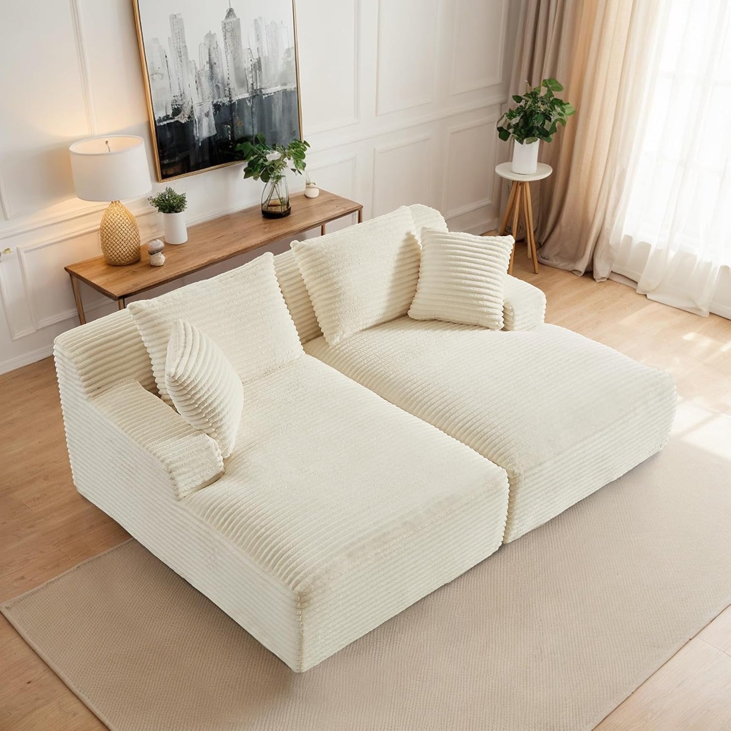 ERYE 79" Oversized Double Chaise Lounge Indoor Sleeper Recliner Sofabed with 4 Pillows, Fluffy Corduroy Loveseat Sleeper Chaise Daybed 2 Pieces Boneless Chair Sofa Bed for Living Room Bedroom Reading