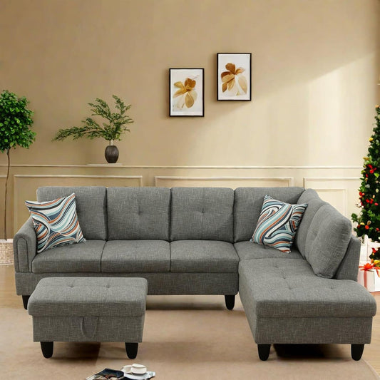 L Shaped Sectional Couch with Otttoman, 97" Sectional Sofa for Living Room Flannel Modular Couches with Cup Holders for Bedroom, Apartments, Grey