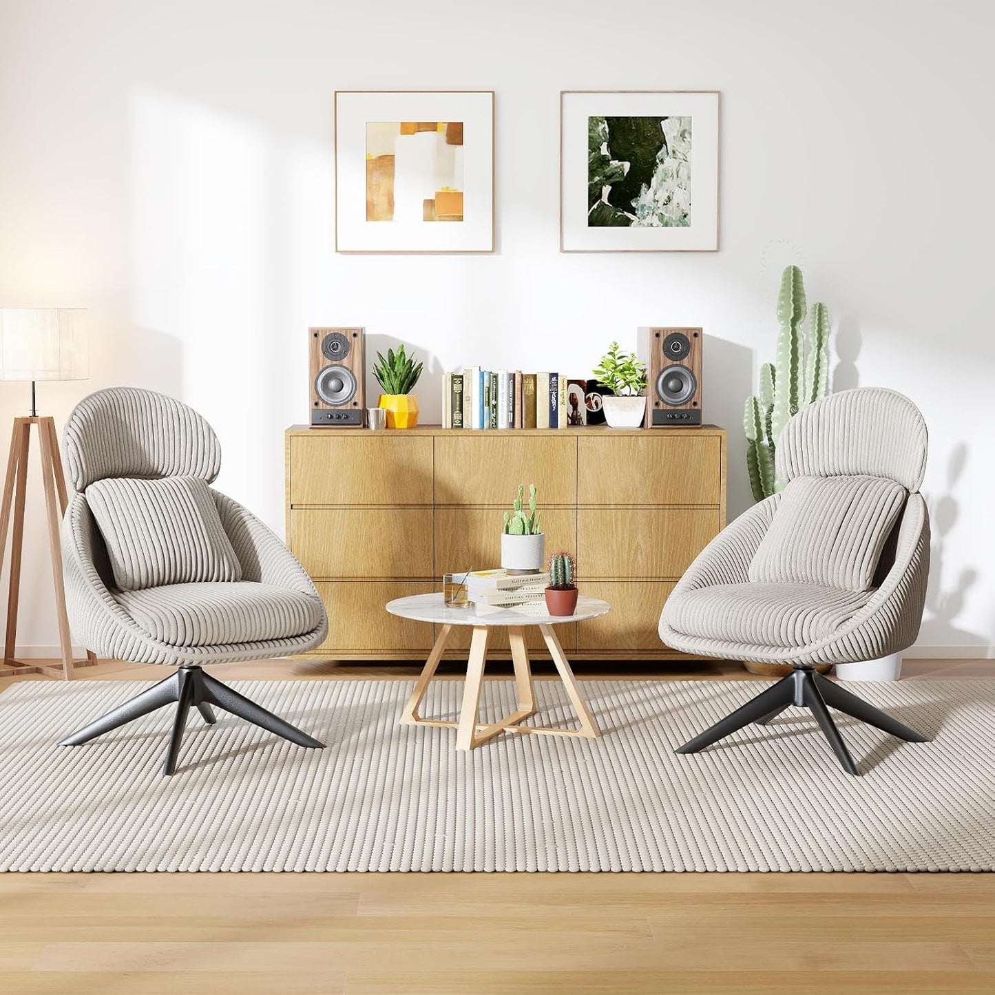 Furniliving Modern Living Room Chair, Swivel Accent Chair for Living Room Desk Chair with Arms Bedroom Chair with Headrest Sofa Chair Side Chair with Pillow Armchair,Corduroy, Grey