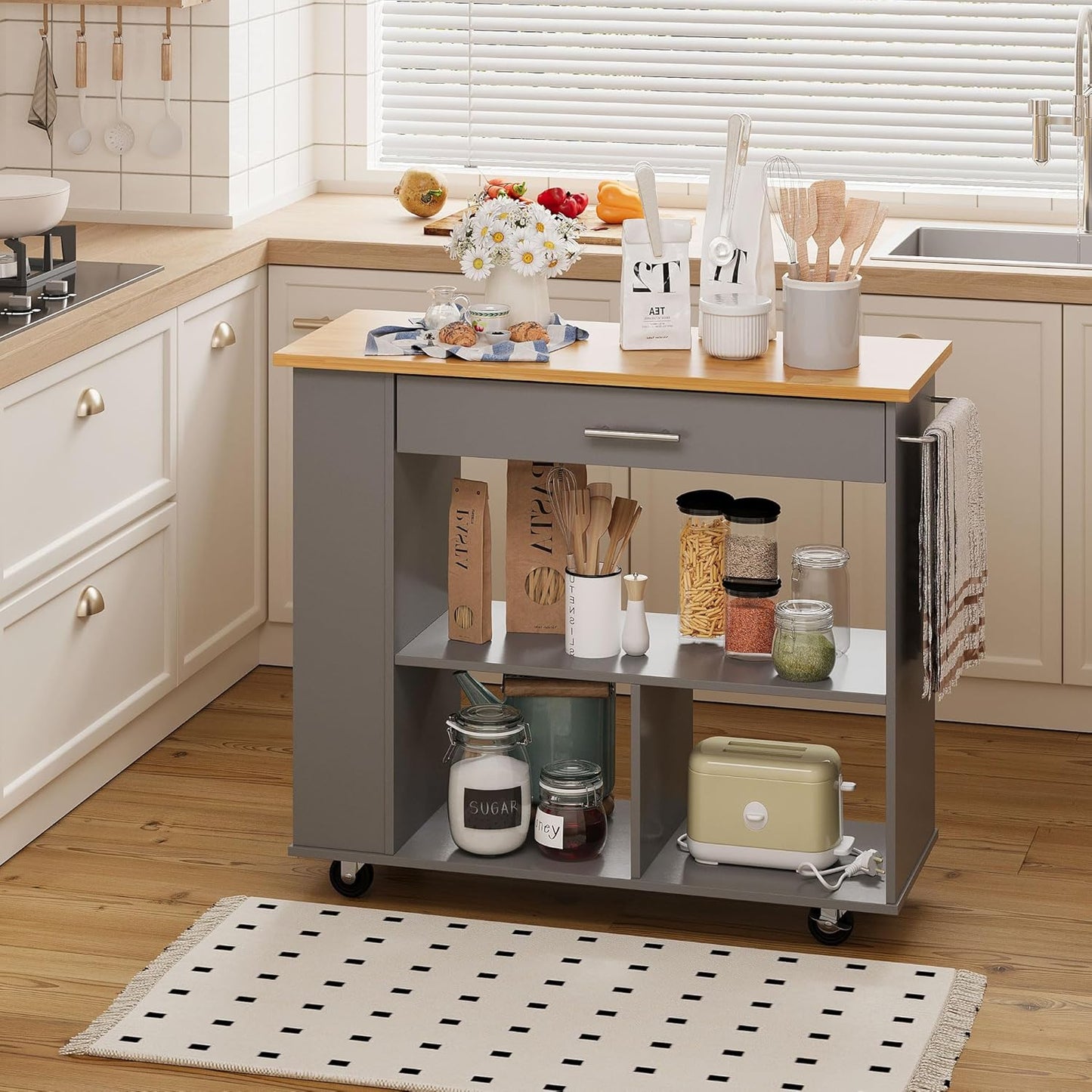 Shintenchi Kitchen Island on Wheels with Storage, Wheeled Island & Cart with 3-Tier Spice Rack, 3 Open Shelves and 1 Drawer, Gray
