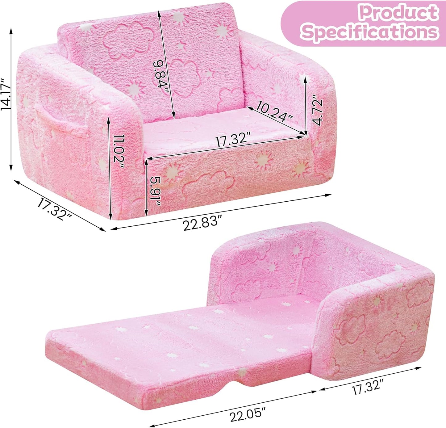 Lamerge 2-in-1 Soft Toddler Couch Fold Out,Foldable Toddler Chair, Glow in The Dark Kids Sofa for playroom,Convertible Foam and Floor Cushion for Boys and Girls (Pink and Clouds)