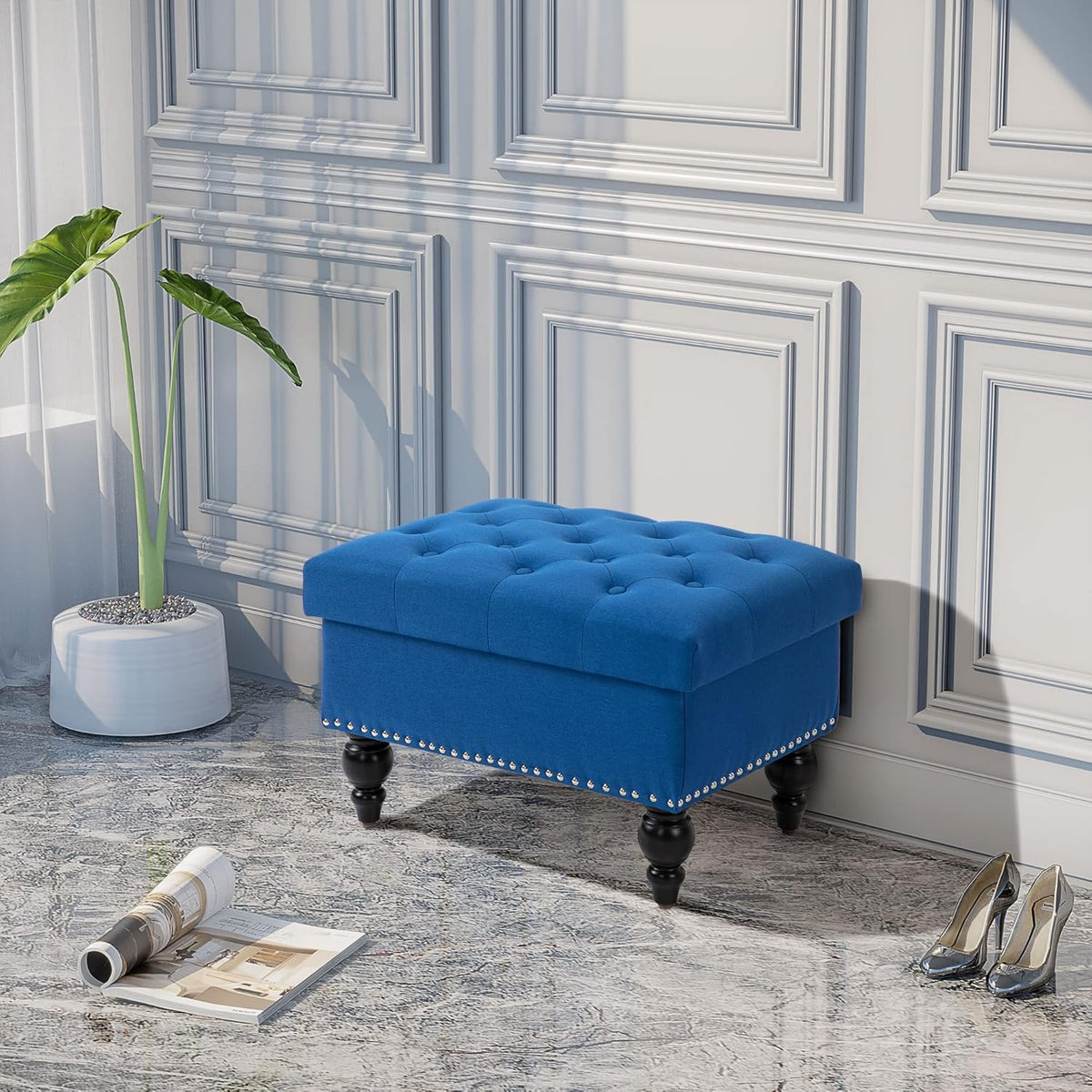 HOMCOM Ottoman with Storage for Living Room, 25" Storage Ottoman with Removable Lid, Button-Tufted Fabric Bench for Footrest and Seat with Wood Legs, Blue