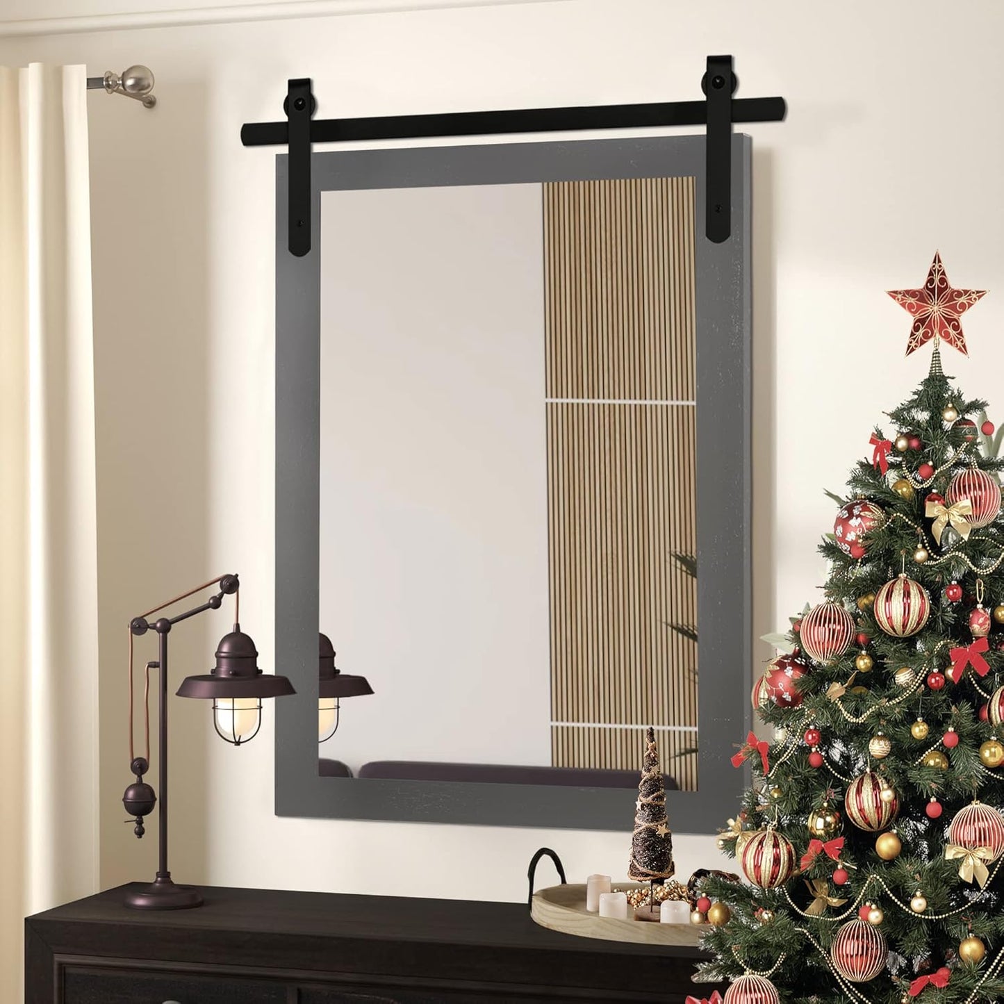 Farmhouse Wall Mirror, Rustic Wood Frame Bathroom Mirror Barn Door Inspired Decorative Vanity Dress Mirrors for Living Room Entryway, 24x36 INCH Gray Vertical