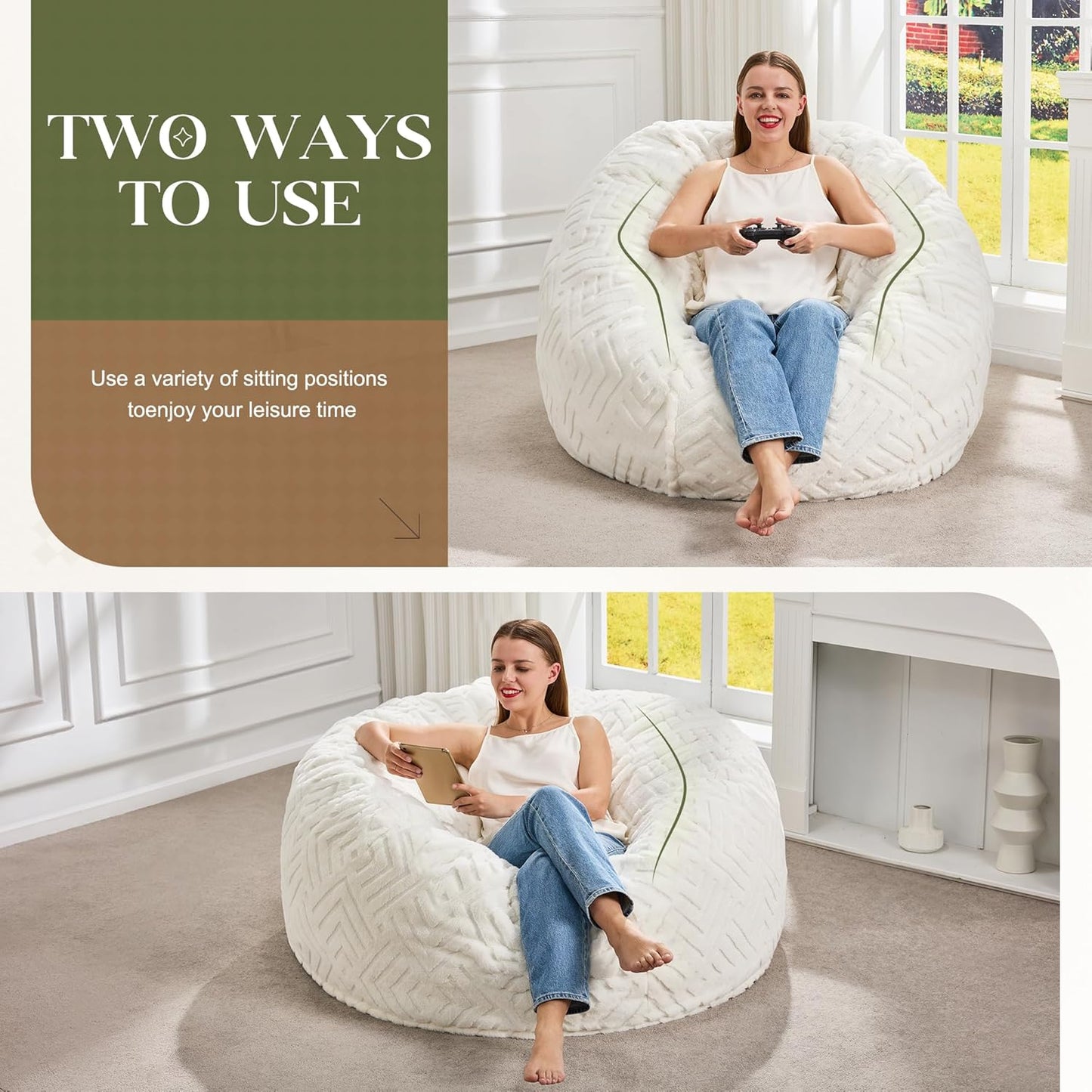 Hobestluk Bean Bag Chairs Adults Beanbag Chair with Filler Large Bean Bags with Fluffy Embossed Cover, Giant Bean Bag Chairs for Adults (White, 3FT - 36” x 36” x 22”)