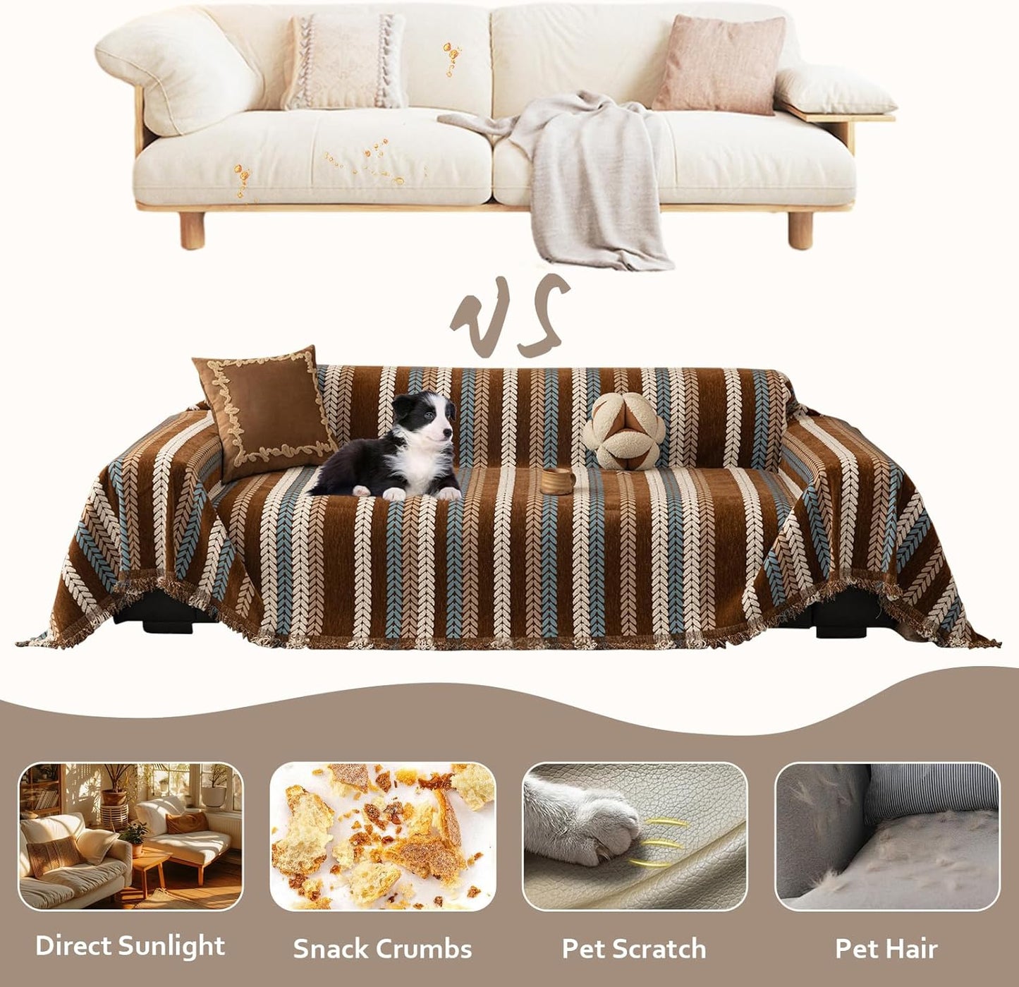 STACYPIK Khaki Jacquard Leaves Sofa Cover, Vintage Couch Cover for Dogs, Washable Pet Protector for 2 Cushion Couch, Non-slip Chenille Sofa Covers for Loveseat, Boho Couch Cover for Sectional-71X118IN