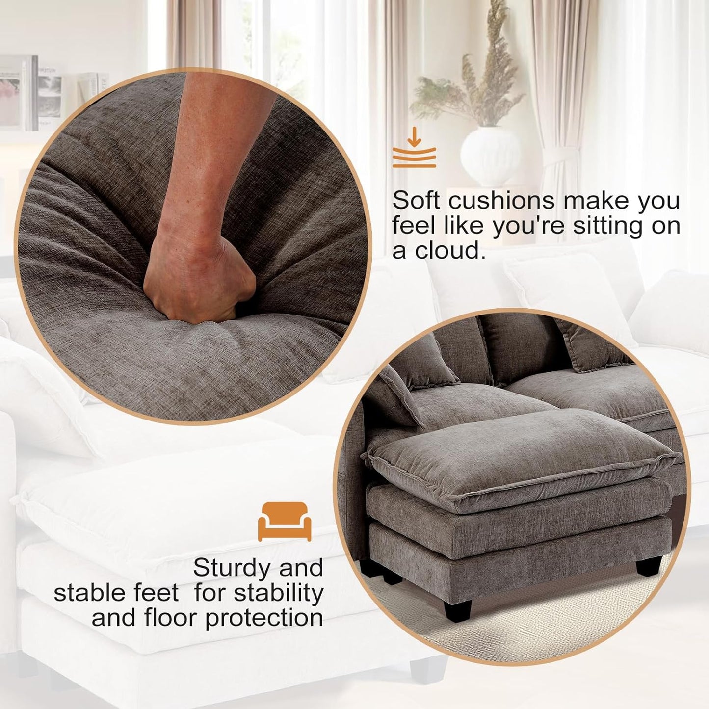 Furniliving 112‘’ L-Shaped Sofa, Luxury Chenille Modular Sectional Couches with Ottoman, Upholstered Deep Seat Sleeper Sofa with Memory Foam and Waist Pillows, Grey