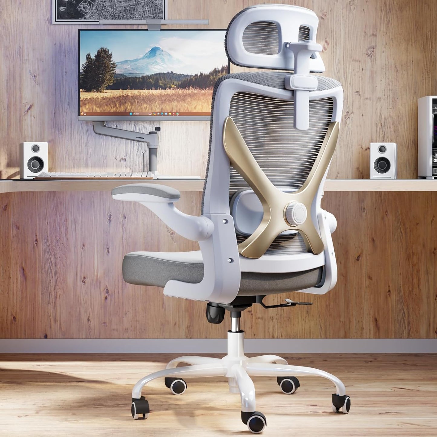 Ergonomic Office Chair - X-Shaped Computer Desk Chair Comfy, Gaming Chair, Office Chair with Lumbar Support, Mesh Office Chairs with Headrests, Desk Chair for Long Hours (Grey Gold)