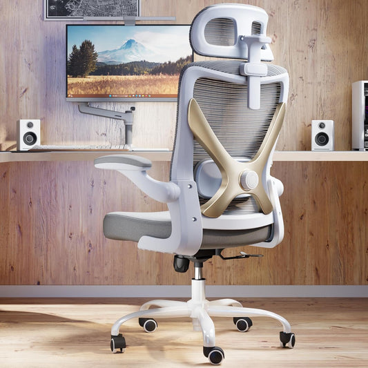 Ergonomic Office Chair - X-Shaped Computer Desk Chair Comfy, Gaming Chair, Office Chair with Lumbar Support, Mesh Office Chairs with Headrests, Desk Chair for Long Hours (Grey Gold)