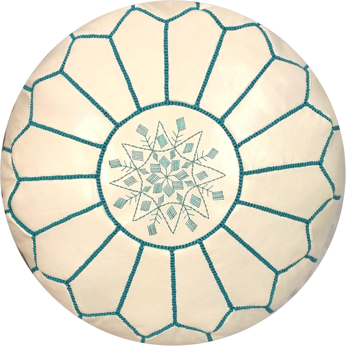 Stuffed Round Design Moroccan Leather Pouf Ottoman, Handmade, Pre-Filled, 100% Genuine Leather, 13” Height x 20” Diameter, Footstool & Living Room Décor (White with Blue Stitches)